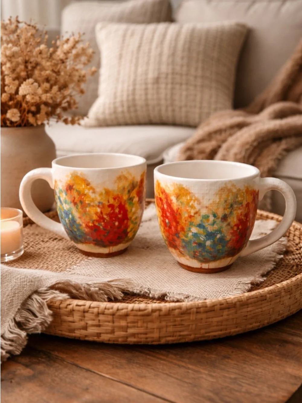 Pier 1 Imports Hand Painted Ironstone Mug Set Colorful Floral Coffee Cups